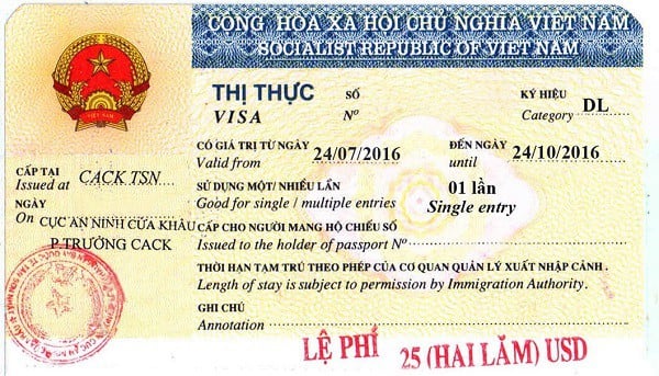 Sample of Vietnamese tourist visa