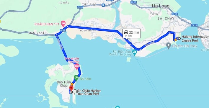 Distance from Halong International Cruise Port to Tuan Chau Harbor, Halong